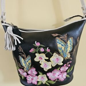 Sharif Embroidered Black Leather Crossbody/ Shoulder Bag